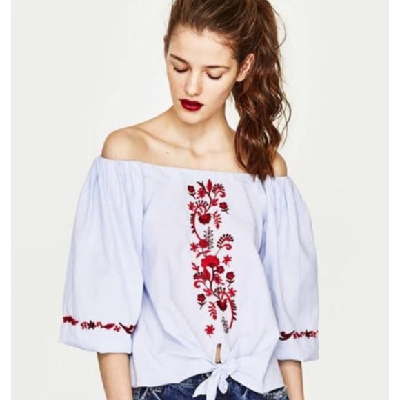 ZARA Boho Floral Embroidered Sky Blue Off-Shoulder Puff Sleeve Blouse - Picture 1 of 8
